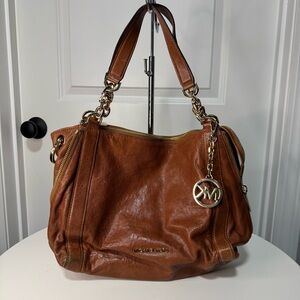 Michael Kors Brown Leather Shoulder Bag Gold Chain MK Charm